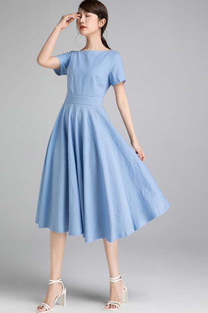 Blue Linen Blend Fit and Flare Dress - Boat Neck, Mid Calf Length 2341