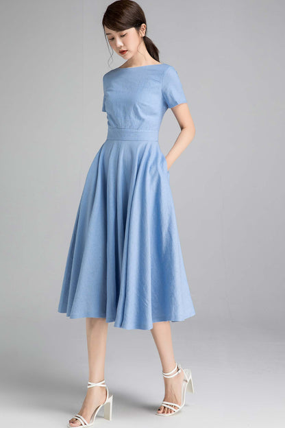 Blue Linen Blend Fit and Flare Dress - Boat Neck, Mid Calf Length 2341