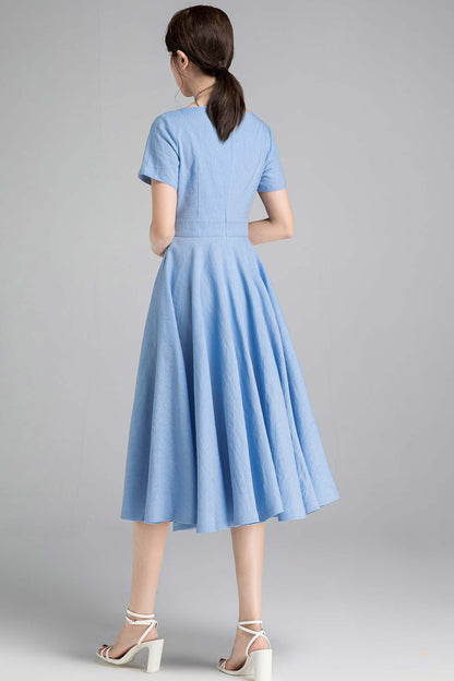 Blue Linen Blend Fit and Flare Dress - Boat Neck, Mid Calf Length 2341