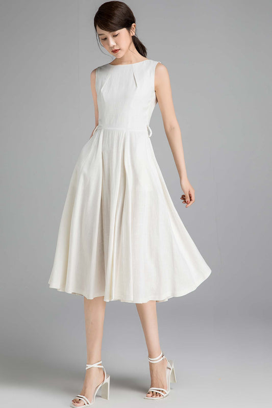 50s sleeveless swing little white dress 2348#