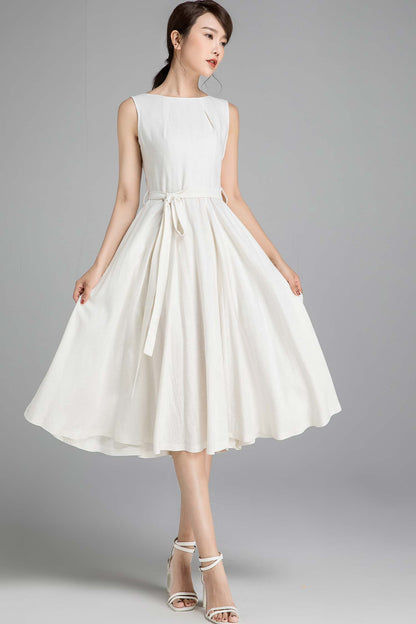 50s sleeveless swing little white dress 2348#
