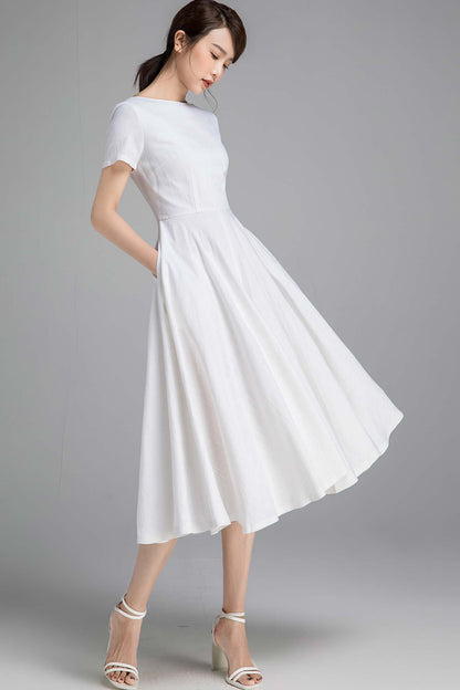 Emerald Green Cotton Linen Fit and Flare Dress - Boat Neck, Short Sleeve 2349