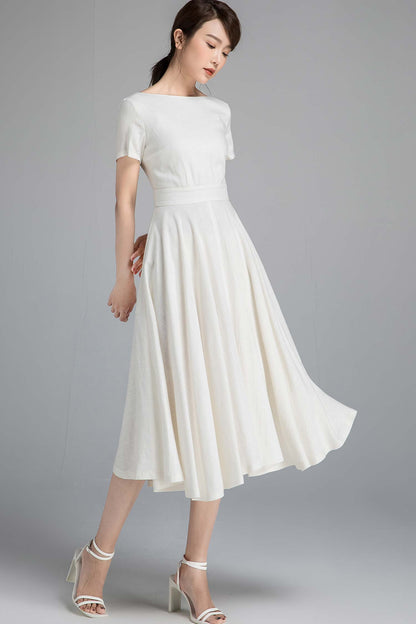 White Linen Cotton Fit and Flare Dress - Boat Neck, Seam Pockets 2338