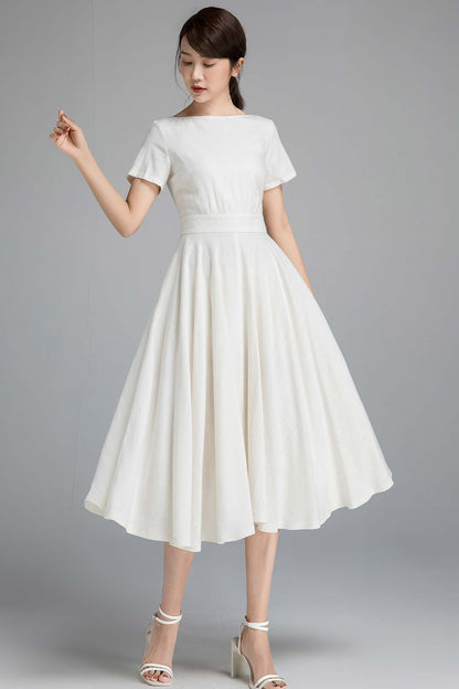 White Linen Cotton Fit and Flare Dress - Boat Neck, Seam Pockets 2338