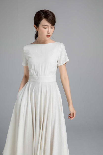 White Linen Cotton Fit and Flare Dress - Boat Neck, Seam Pockets 2338