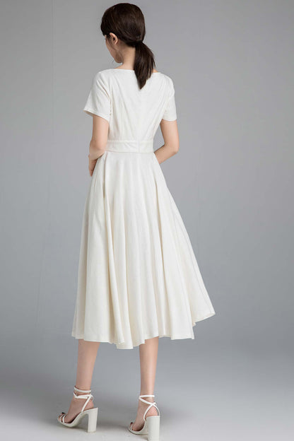 White Linen Cotton Fit and Flare Dress - Boat Neck, Seam Pockets 2338