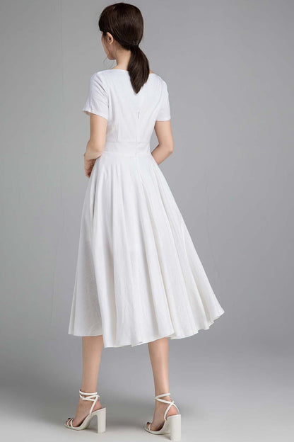 White Linen Blend Fit and Flare Dress - Boat Neck, Seam Pockets 2340