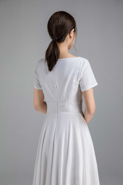 White Linen Blend Fit and Flare Dress - Boat Neck, Seam Pockets 2340