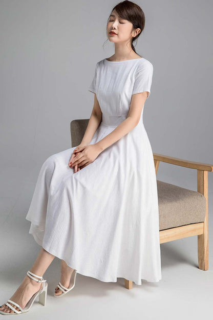 White Linen Blend Fit and Flare Dress - Boat Neck, Seam Pockets 2340