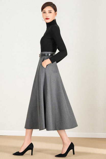 Navy Wool A-Line Maxi Skirt - Side Pockets, Zipper Closure 5234