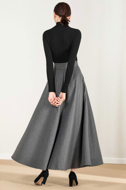 Vintage Inspired Grey Wool Maxi Skirt with Pockets – 1950s Retro A-Line Winter Skirt 2437