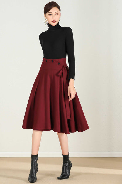 Wine Red Wool Blend High Waist Midi Skirt with Bow Tie – Vintage A-Line Winter Skirt 2433