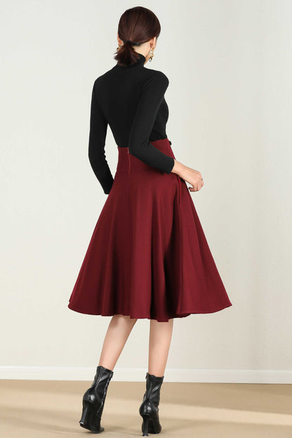 Wine Red Wool Blend High Waist Midi Skirt with Bow Tie – Vintage A-Line Winter Skirt 2433