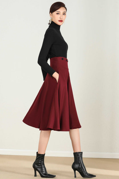 Wine Red Wool Blend High Waist Midi Skirt with Bow Tie – Vintage A-Line Winter Skirt 2433
