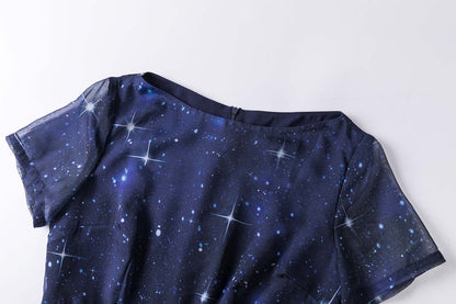 Navy Chiffon Midi Dress - Star Print Fit and Flared Silhouette 2334