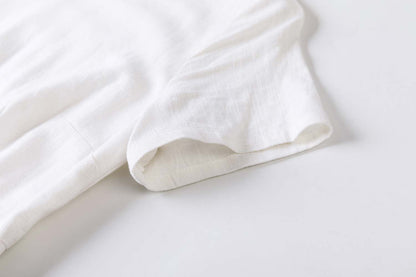 White Linen Cotton Fit and Flare Dress - Boat Neck, Seam Pockets 2338