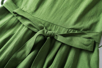 Green Linen Midi Dress - Sleeveless Fit and Flare with Pleated Neckline 2346