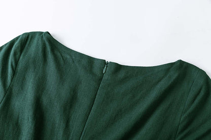 Army Green Linen Cotton Midi Dress - Fit and Flare with Boat Neck 2339