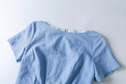 Blue Linen Blend Fit and Flare Dress - Boat Neck, Mid Calf Length 2341