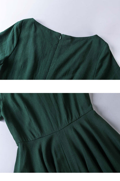 Emerald Green Cotton Linen Fit and Flare Dress - Boat Neck, Short Sleeve 2349