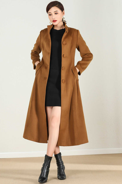 Brown Wool A-Line Coat - Midi Length with Belted Waist 2431