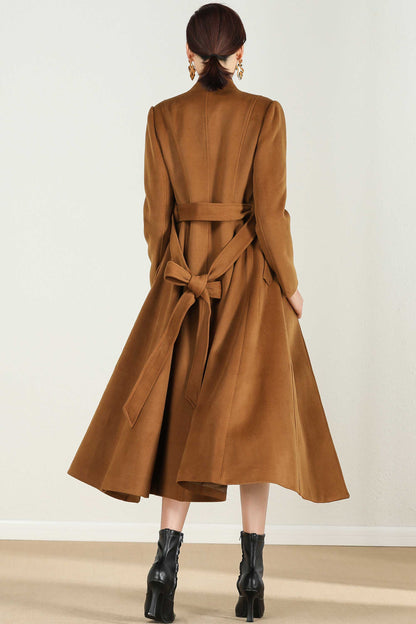 Brown Wool A-Line Coat - Midi Length with Belted Waist 2431