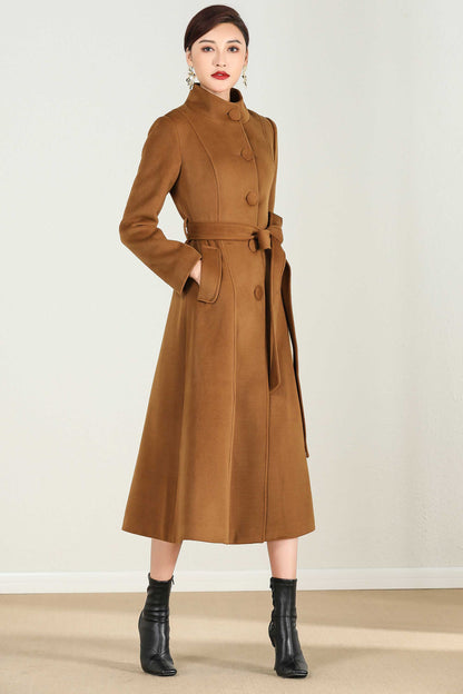 Brown Wool A-Line Coat - Midi Length with Belted Waist 2431