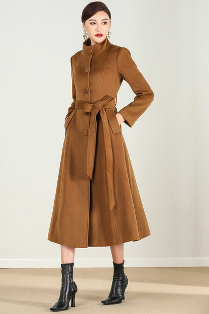 Brown Wool A-Line Coat - Midi Length with Belted Waist 2431