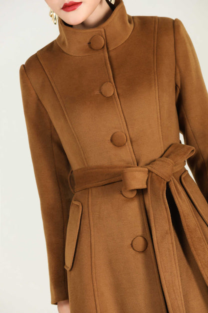 Brown Wool A-Line Coat - Midi Length with Belted Waist 2431