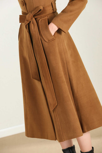 Brown Wool A-Line Coat - Midi Length with Belted Waist 2431
