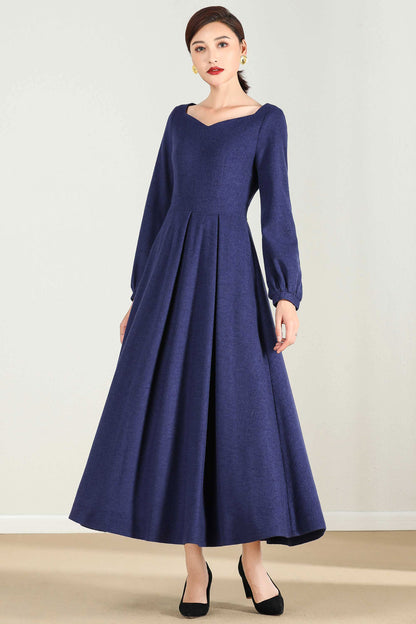 Blue Wool-Blend Maxi Dress - Bishop Sleeves Pleated | Xiaolizi 2430