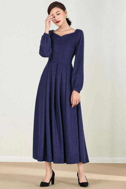 Blue Wool-Blend Maxi Dress - Bishop Sleeves Pleated | Xiaolizi 2430