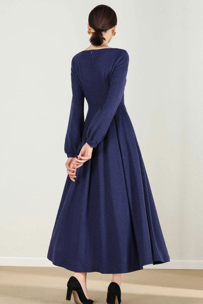 Blue Wool-Blend Maxi Dress - Bishop Sleeves Pleated | Xiaolizi 2430