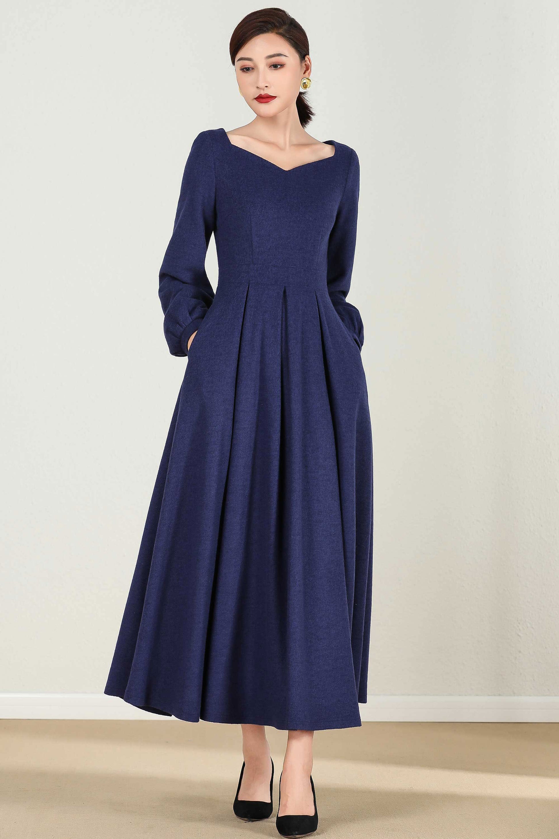 Vintage Inspired Blue fit and flare wool dress 2430 Xiaolizi Vintage Inspired Blue fit and flare wool dress 2430 Xiaolizi