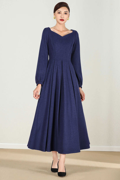 Blue Wool-Blend Maxi Dress - Bishop Sleeves Pleated | Xiaolizi 2430