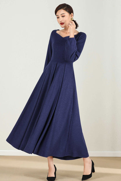 Blue Wool-Blend Maxi Dress - Bishop Sleeves Pleated | Xiaolizi 2430