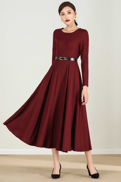 Burgundy Wool Midi Dress – Women’s Long Sleeve Fit and Flare Winter Dress 2429