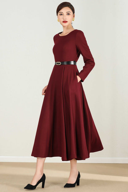 Burgundy Wool Midi Dress – Women’s Long Sleeve Fit and Flare Winter Dress 2429