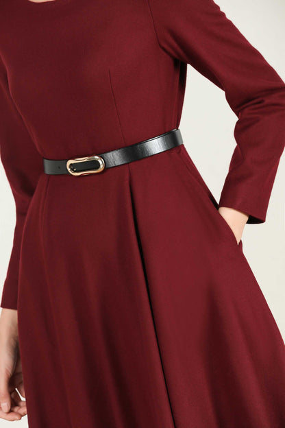 Burgundy Wool Midi Dress – Women’s Long Sleeve Fit and Flare Winter Dress 2429