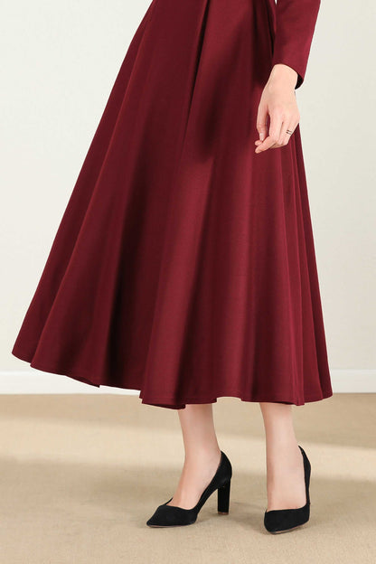 Burgundy Wool Midi Dress – Women’s Long Sleeve Fit and Flare Winter Dress 2429