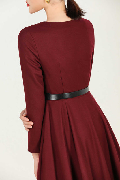 Burgundy Wool Midi Dress – Women’s Long Sleeve Fit and Flare Winter Dress 2429