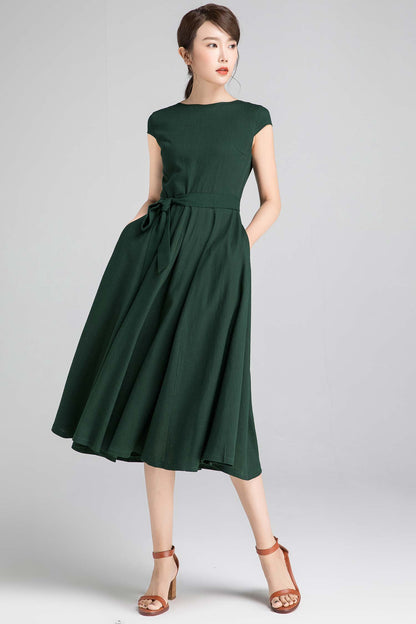 Emerald Green Linen Cotton Blend Swing Dress - Cap Sleeve, Self Tie Waist 2332