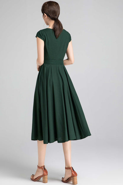 Emerald Green Linen Cotton Blend Swing Dress - Cap Sleeve, Self Tie Waist 2332