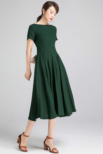 Army Green Linen Cotton Midi Dress - Fit and Flare with Boat Neck 2339