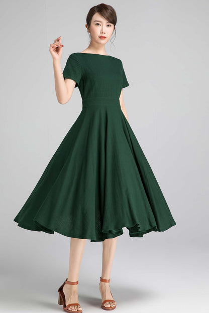 Army Green Linen Cotton Midi Dress - Fit and Flare with Boat Neck 2339
