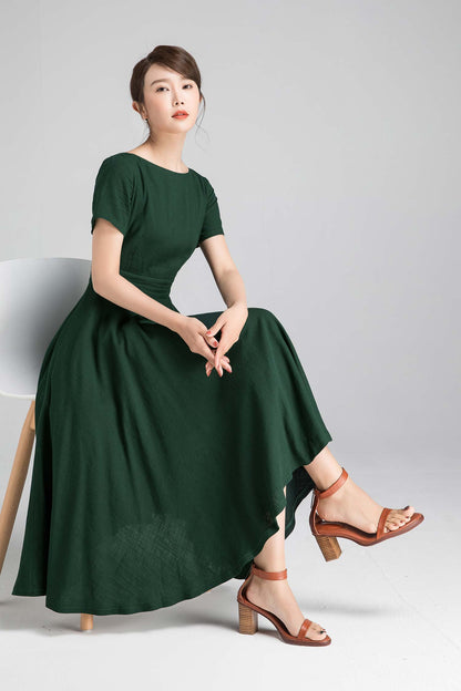 Army Green Linen Cotton Midi Dress - Fit and Flare with Boat Neck 2339