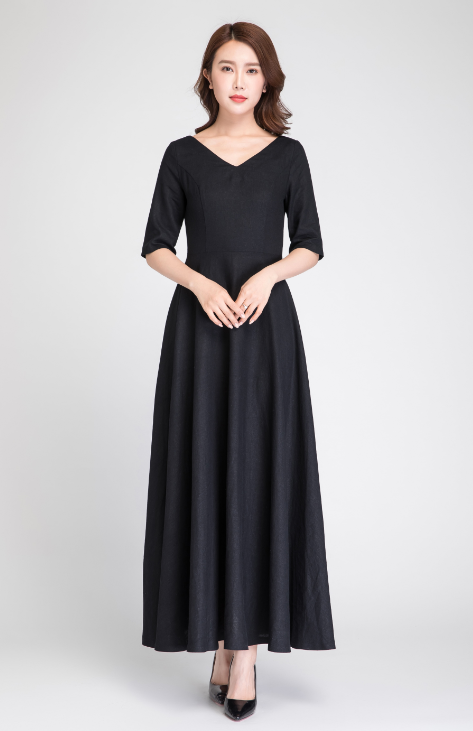 prom dress long, black linen dress, formal dress, maxi dress black, pr ...