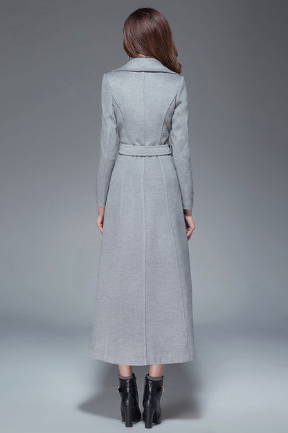Handmade Light Gray Wool Coat – Elegant Double-Breasted Belted Long Overcoat | Xiaolizi 3985