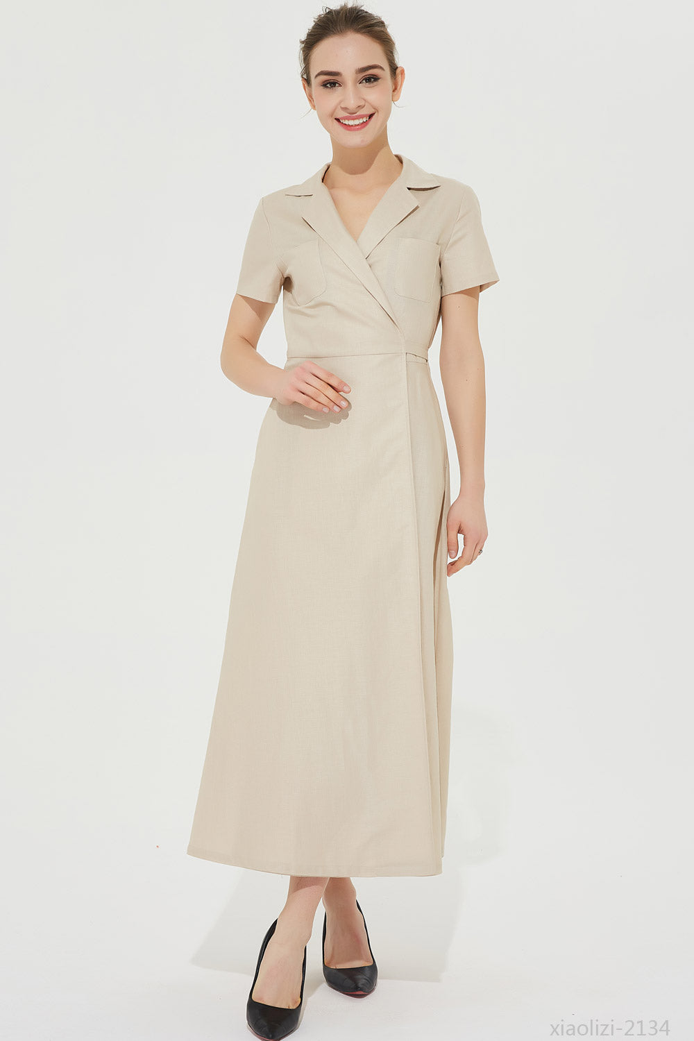 Beige Linen Maxi Dress - Wrap Style with V-Neck Lapel Collar 2134