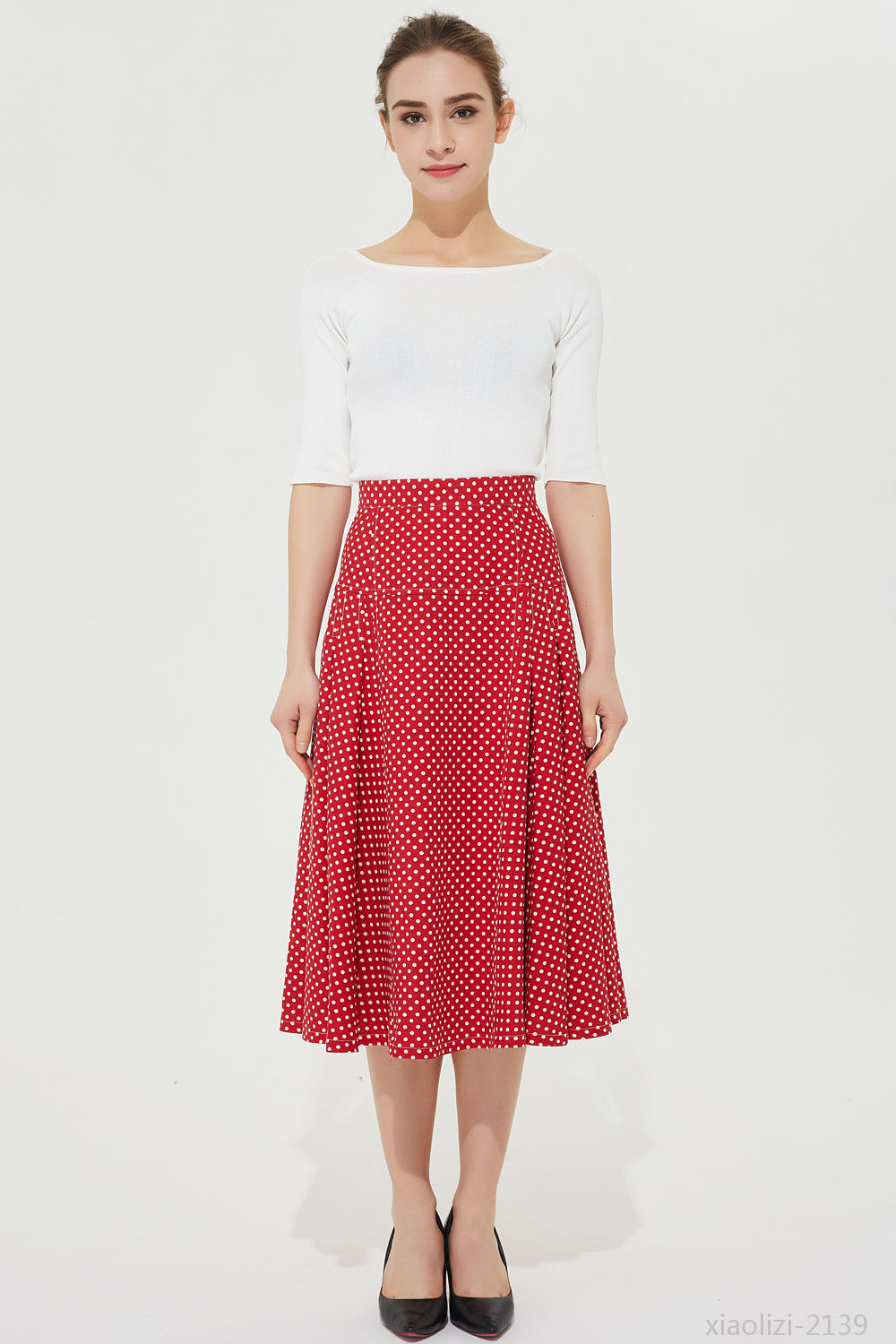 womens red polka dot skirt summer linen skirt 2139